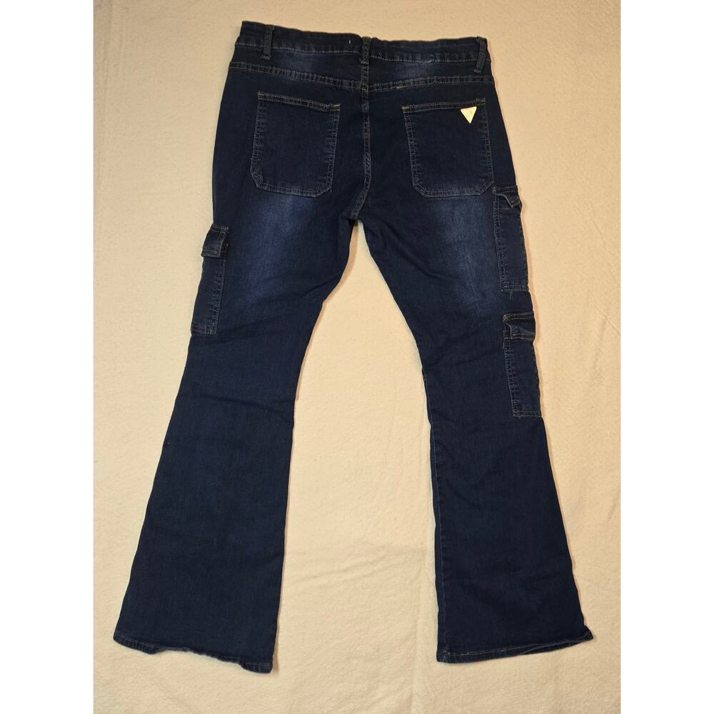 Celebrity Ace Womens Blue Flare Jeans Y2K Belted Cargo Streetwear Utility 15/32 - Picture 3 of 13